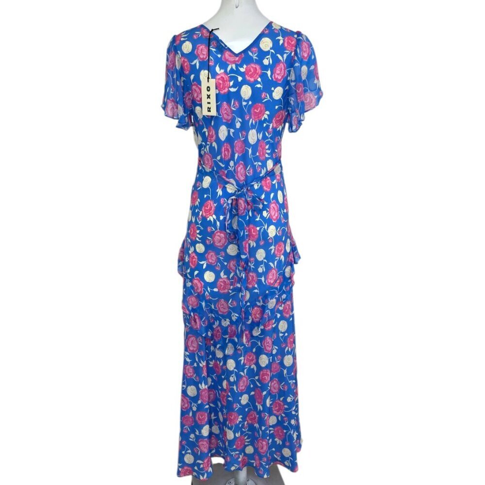 RIXO Evie Silk Maxi Dress, Flutter Sleeve, Tie Back, 100% Silk, Floral, Size 2 - Picture 3 of 11